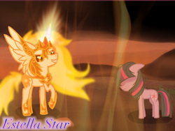 Size: 1024x768 | Tagged: safe, artist:estellastaryt, derpibooru import, daybreaker, twilight sparkle, unicorn twilight, alicorn, pony, unicorn, duo, eyes closed, female, mane of fire, mare, outdoors, raised hoof, smiling