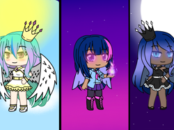 Size: 2048x1536 | Tagged: safe, artist:estellastaryt, derpibooru import, princess celestia, princess luna, twilight sparkle, human, clothes, crown, dark skin, dress, full moon, gacha life, glowing eyes, glowing hands, humanized, jewelry, moon, night, regalia, smiling, sun