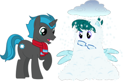 Size: 2588x1732 | Tagged: safe, artist:yoshimon1, derpibooru exclusive, derpibooru import, oc, oc only, oc:cloudy bits, oc:shimmer scroll, pegasus, pony, unicorn, 2021 community collab, buried, buried in snow, clothes, cloud, derpibooru community collaboration, description is relevant, duo, female, glasses, male, mare, open mouth, scarf, simple background, snow, snow pile, snowfall, spread wings, stallion, story included, surprised, transparent background, wings