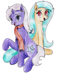 Size: 2248x2897 | Tagged: safe, artist:40kponyguy, derpibooru exclusive, derpibooru import, edit, oc, oc only, oc:disastral, oc:floe, crystal pony, unicorn, 2021 community collab, broken horn, clothes, derpibooru community collaboration, ear fluff, ears, horn, looking at you, raised hoof, scarf, simple background, traditional art, transparent background