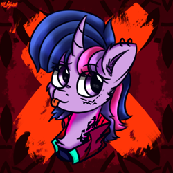Size: 600x600 | Tagged: safe, artist:mjsw, derpibooru import, twilight sparkle, pony, unicorn, abstract background, clothes, female, mare, mlem, piercing, silly, sketch, solo, tattoo, tongue out