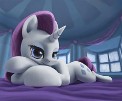 Size: 1920x1600 | Tagged: safe, artist:odooee, derpibooru import, rarity, pony, unicorn, bed, bedroom, bedroom eyes, female, heart eyes, looking at you, lying down, prone, smiling, smiling at you, windows, wingding eyes