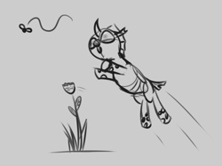 Size: 739x553 | Tagged: safe, artist:evan555alpha, ponybooru exclusive, changeling, fly, evan's daily buggo, attack, behaving like a cat, dorsal fin, exclamation point, female, flower, jumping, monochrome, motion lines, open mouth, pounce, rose, simple background, sketch, solo, tail wag, white background, wiggling