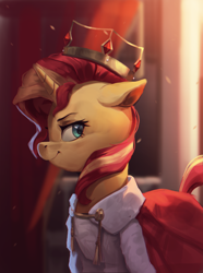 Size: 1324x1777 | Tagged: safe, artist:vanillaghosties, sunset shimmer, pony, unicorn, crepuscular rays, crown, digital art, female, jewelry, looking back, mare, queen, regalia, smiling, solo