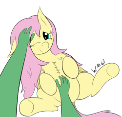 Size: 1741x1664 | Tagged: safe, artist:wapamario63, fluttershy, oc, oc:anon, pegasus, pony, bellyrubs, chest fluff, cute, disembodied arm, female, hand, headpats, lying down, mare, on back, petting, pov, shyabetes, simple background, transparent background