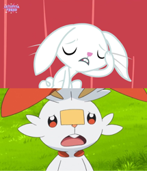 Size: 1276x1486 | Tagged: safe, screencap, angel bunny, rabbit, a bird in the hoof, comparison, d:, ears, eyes closed, floppy ears, fluttershy's cottage, frown, hand on face, indoors, logo, male, open mouth, outdoors, pokemon sword and shield, pokémon, scorbunny, solo