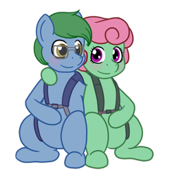 Size: 1200x1200 | Tagged: safe, artist:phallen1, derpibooru exclusive, derpibooru import, oc, oc only, oc:software patch, oc:windcatcher, 2021 community collab, couple, derpibooru community collaboration, duo, female, harness, hoof on belly, hoof on shoulder, male, parachute, simple background, straight, tack, transparent background, vector, windpatch
