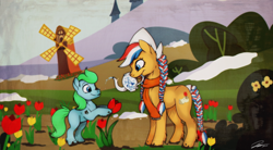 Size: 600x330 | Tagged: safe, derpibooru import, oc, oc:ember, oc:ember (hwcon), hearth's warming con, netherlands, tulip, windmill