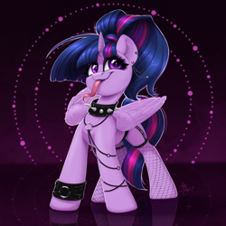 Size: 2048x2048 | Tagged: safe, artist:amishy, derpibooru import, twilight sparkle, twilight sparkle (alicorn), alicorn, pony, alternate hairstyle, chains, collar, cute, cute little fangs, ear piercing, earring, fangs, female, fishnet stockings, jewelry, long tongue, mare, piercing, punk, signature, solo, spiked collar, tongue out, twiabetes, wristband