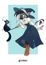 Size: 1060x1500 | Tagged: safe, artist:kez, derpibooru import, oc, oc only, anthro, cat, unguligrade anthro, zebra, boots, clothes, cute, dress, ear fluff, ear piercing, earring, ears, female, halloween, hat, holiday, jewelry, ocbetes, piercing, shoes, simple background, solo, sparkles, wand, white background, witch, witch hat, zebra oc