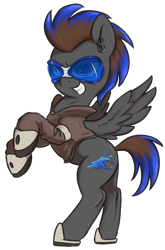 Size: 830x1260 | Tagged: safe, artist:t72b, derpibooru import, oc, oc:blue flare, pegasus, pony, 2021 community collab, boots, clothes, coat, derpibooru community collaboration, ear piercing, earring, grin, jewelry, male, piercing, rearing, shoes, simple background, smiling, solo, stallion, sunglasses, transparent background