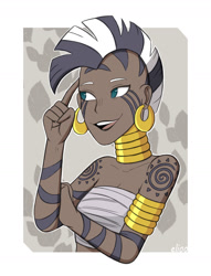 Size: 1286x1685 | Tagged: safe, artist:elioo, derpibooru import, zecora, human, bust, clothes, cutie mark on human, dark skin, ear piercing, earring, female, humanized, jewelry, neck rings, piercing, portrait, smiling, solo, stripes
