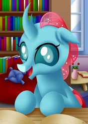 Size: 2480x3508 | Tagged: safe, artist:leonkay, derpibooru import, ocellus, changedling, changeling, book, bookbug, bookshelf, cute, diaocelles, flower, happy, leonkay is trying to murder us, library, pillow, smiling, solo, weapons-grade cute, window