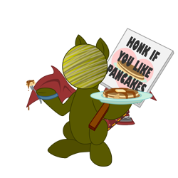 Size: 2048x2048 | Tagged: safe, artist:zoness, derpibooru import, oc, oc only, oc:zoness, original species, pony, 2021 community collab, derpibooru community collaboration, food, fork, high res, male, maple syrup, pancakes, planet pony, sign, simple background, sitting, solo, spread wings, transparent background, wings