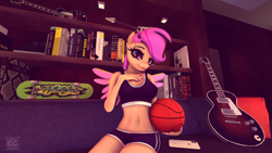 Size: 1920x1080 | Tagged: safe, artist:elektra-gertly, derpibooru import, scootaloo, anthro, pegasus, 3d, ball, basketball, belly button, bellyring, book, bookshelf, cellphone, clothes, eyeshadow, female, guitar, hand on chest, indoors, iphone, looking at you, makeup, mascara, musical instrument, phone, piercing, porn, room, sexy, shelf, shorts, sitting, skateboard, smartphone, smiling, sofa, solo, source filmmaker, sports, sports bra, sports shorts, wings