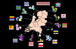 Size: 2924x1900 | Tagged: safe, artist:parclytaxel, derpibooru import, edit, oc, earth pony, merpony, pegasus, pony, unicorn, carriage, drenthe, flag, flevoland, friesland, gelderland, grin, groningen, limburg, lounging, map, nation ponies, netherlands, north brabant, north holland, overijssel, ponies as regions, ponified, province, provinciepaarden, raised eyebrow, raised hoof, sitting, smiling, south holland, spread wings, utrecht, water, wings, zeeland, zeewolde