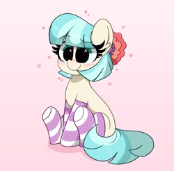 Size: 4096x4028 | Tagged: safe, artist:kittyrosie, derpibooru import, coco pommel, earth pony, pony, blushing, clothes, cocobetes, cute, eye clipping through hair, female, heart, mare, pink background, simple background, sitting, smiling, socks, solo, striped socks