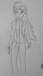 Size: 2988x5312 | Tagged: safe, artist:cobra0281, derpibooru import, octavia melody, human, absurd resolution, clothes, female, grayscale, gun, handgun, humanized, john wick, monochrome, pencil drawing, photo, suit, traditional art, weapon