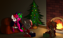 Size: 2500x1500 | Tagged: safe, artist:memeancholy, derpibooru import, oc, oc:cinnamon, oc:deepest apologies, oc:koolaid poptart, oc:skrrah, christmas, christmas tree, clothes, fire, fireplace, holiday, present, socks, sofa, striped socks, tree