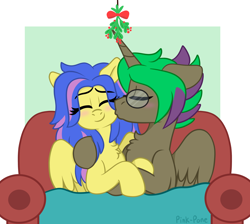 Size: 2450x2200 | Tagged: safe, artist:pink-pone, derpibooru import, oc, oc only, alicorn, pegasus, pony, cuddling, female, glasses, kissing, mare, mistleholly, snuggling