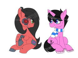 Size: 6700x5000 | Tagged: safe, artist:prince_skylight, derpibooru import, oc, oc only, oc:mp7, oc:skylight sparkle, pony, robot, robot pony, unicorn, 2021 community collab, clothes, derpibooru community collaboration, duo, grin, looking at each other, scarf, simple background, sitting, smiling, striped scarf, transparent background, unshorn fetlocks