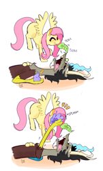 Size: 1904x3150 | Tagged: safe, artist:gissel00001, derpibooru import, discord, fluttershy, draconequus, pegasus, pony, comic, discoshy, fail, female, leaf, male, mouth hold, open mouth, prank, prank gone wrong, shipping, sleeping, smiling, straight, tickling, tongue out