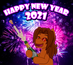 Size: 1280x1154 | Tagged: safe, artist:aha-mccoy, derpibooru import, oc, oc only, oc:aha mclovin, pegasus, pony, nopony-ask-mclovin, alcohol, champagne, eyes closed, fireworks, happy new year, happy new year 2021, holiday, male, new year, solo, stallion, sunglasses, wine