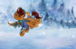 Size: 1024x663 | Tagged: safe, artist:midnightpremiere, derpibooru import, oc, oc only, oc:sparrow, pegasus, pony, clothes, commission, dock, earmuffs, eyes closed, flying, jacket, scarf, scenery, smiling, snow, solo, spread wings, wings, winter