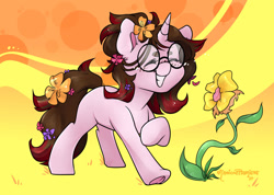 Size: 1024x729 | Tagged: safe, artist:midnightpremiere, derpibooru import, oc, oc only, pony, unicorn, eyes closed, female, flower, flower in hair, freckles, glasses, horn, mare, raised hoof, signature, smiling, solo, two toned mane, two toned tail, underhoof