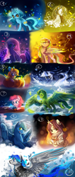 Size: 1597x3753 | Tagged: safe, artist:aquagalaxy, derpibooru import, pinkie pie, oc, oc:sloppy smile, butterfly, earth pony, pegasus, pony, unicorn, clothes, crying, flying, mug, pumpkin, scarf