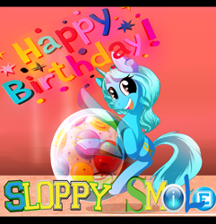 Size: 2405x2494 | Tagged: safe, artist:n-steisha25, derpibooru import, oc, oc only, oc:sloppy smile, pony, unicorn, eye clipping through hair, female, happy birthday, mare, solo