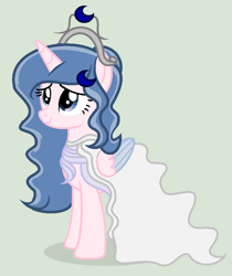 Size: 940x1120 | Tagged: safe, artist:lominicinfinity, derpibooru import, oc, oc:sparkdust knight, alicorn, pony, clothes, dress, female, jewelry, mare, simple background, solo, tiara, wedding dress