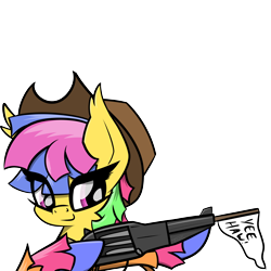 Size: 4500x4500 | Tagged: safe, artist:flywheel, derpibooru import, oc, oc only, oc:fiesta, cowboy hat, gun, hat, iawtc, mascot, simple background, solo, transparent background, weapon