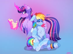 Size: 2934x2160 | Tagged: safe, artist:aaa-its-spook, derpibooru import, rainbow dash, twilight sparkle, twilight sparkle (alicorn), alicorn, pegasus, pony, chest fluff, cutie mark, eyes closed, female, females only, fluffy, leg band, lesbian, magic, mare, scroll, shipping, sleeping, telekinesis, twidash