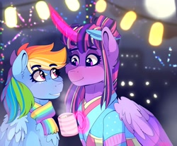 Size: 2040x1692 | Tagged: safe, artist:aaa-its-spook, derpibooru import, rainbow dash, twilight sparkle, twilight sparkle (alicorn), alicorn, pegasus, pony, blushing, city, city lights, cityscape, clothes, eye contact, feather, female, females only, fireworks, lesbian, looking at each other, magic, mare, mug, scarf, shipping, sweater, telekinesis, twidash
