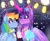 Size: 2040x1692 | Tagged: safe, artist:aaa-its-spook, derpibooru import, rainbow dash, twilight sparkle, twilight sparkle (alicorn), alicorn, pegasus, pony, blushing, city, city lights, cityscape, clothes, eye contact, feather, female, females only, fireworks, lesbian, looking at each other, magic, mare, mug, scarf, shipping, sweater, telekinesis, twidash