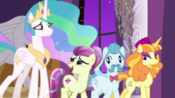 Size: 1920x1080 | Tagged: safe, derpibooru import, screencap, annoyed delegate, fleur de verre, princess celestia, tropical dream, alicorn, crystal pony, earth pony, pony, unicorn, a royal problem, female, male, mare, stallion