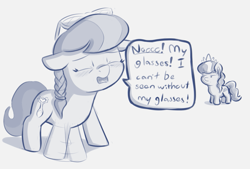 Size: 1159x785 | Tagged: safe, artist:heretichesh, derpibooru import, diamond tiara, silver spoon, earth pony, pony, blushing, dialogue, diamond tiara is not amused, duo, ears, eyes closed, female, filly, floppy ears, glasses, jewelry, missing accessory, oh no, open mouth, speech bubble, text, tiara