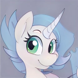 Size: 1024x1024 | Tagged: safe, artist:thisponydoesnotexist, derpibooru import, pony, unicorn, gray background, neural network, simple background, smiling