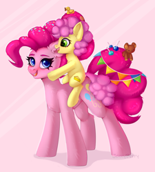 Size: 2298x2550 | Tagged: safe, artist:jennyberry, derpibooru import, li'l cheese, pinkie pie, pony, the last problem, duo, female, fluffy, male, mother and child, mother and son, parent and child, ponies riding ponies, ride, riding