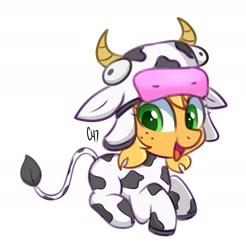 Size: 1402x1422 | Tagged: safe, artist:handgunboi, derpibooru import, applejack, cow, earth pony, pony, clothes, costume, cow costume, cow girl, cute, female, jackabetes, mare, simple background, white background