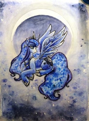 Size: 900x1226 | Tagged: source needed, safe, artist:weileash, derpibooru import, princess luna, alicorn, pony, female, jewelry, mare, solo, spread wings, traditional art, wings