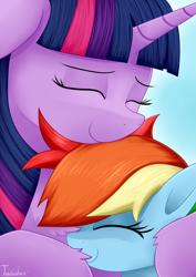 Size: 2480x3507 | Tagged: safe, artist:twidasher, derpibooru import, rainbow dash, twilight sparkle, pegasus, pony, chest fluff, eyes closed, female, hug, lesbian, shipping, signature, smiling, twidash