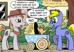 Size: 2923x2067 | Tagged: safe, artist:pony-berserker, derpibooru import, oc, oc only, oc:final drive, oc:longhaul, earth pony, pony, unicorn, baby, baby pony, dialogue, generic pony, open mouth, ponyville, speech bubble, stroller, tree, trio