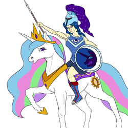 Size: 900x900 | Tagged: safe, artist:slamjam, derpibooru import, princess celestia, princess luna, horse, human, armor, celestia is not amused, helmet, humanized, humans riding horses, implied transformation, raised hoof, riding, shield, spear, species swap, unamused, weapon