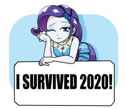 Size: 740x640 | Tagged: safe, artist:batipin, derpibooru import, edit, rarity, human, equestria girls, equestria girls series, 2020, breasts, clothes, dress, exclamation point, eyebrows, eyelashes, eyeshadow, female, gem, gemstones, geode of shielding, hairpin, i survived 2020, impact font, jewelry, looking at you, magical geodes, makeup, meme, one eye closed, pearl, rarity peplum dress, skirt, solo, symbol, text, text edit, wink, year