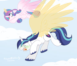 Size: 1280x1098 | Tagged: safe, artist:princessesmeraldaofficial, derpibooru import, princess flurry heart, shining armor, alicorn, pony, unicorn, airsick armor, artificial wings, augmented, female, filly, flying, glowing horn, horn, looking down, magic, magic wings, male, open mouth, scared, smiling, stallion, unshorn fetlocks, wings