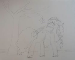 Size: 1080x870 | Tagged: safe, artist:rxndxm.artist, derpibooru import, oc, oc only, earth pony, pony, braid, earth pony oc, lineart, looking back, monochrome, outdoors, smiling, solo, traditional art, tree