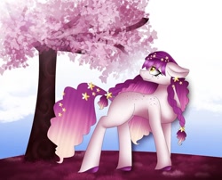 Size: 1080x871 | Tagged: safe, alternate version, artist:rxndxm.artist, derpibooru import, oc, oc only, earth pony, pony, braid, colored, earth pony oc, looking back, outdoors, smiling, solo, tree