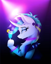 Size: 1080x1350 | Tagged: safe, artist:rxndxm.artist, derpibooru import, rarity, pony, unicorn, alternate hairstyle, bedroom eyes, bracelet, bust, chest fluff, clothes, cocktail, curved horn, eyelashes, female, glowstick, hoof hold, horn, jewelry, makeup, mare, necklace, punk, raripunk, smiling, solo